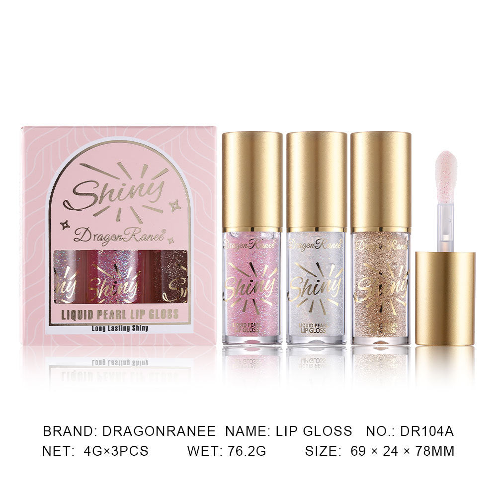 Pearlescent Lip Gloss Set with Large Brush - Moisturizing, Long-Lasting, 3 Colors