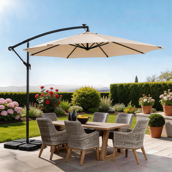 10FT Round Patio Hanging Umbrella with LED Lights - Khaki