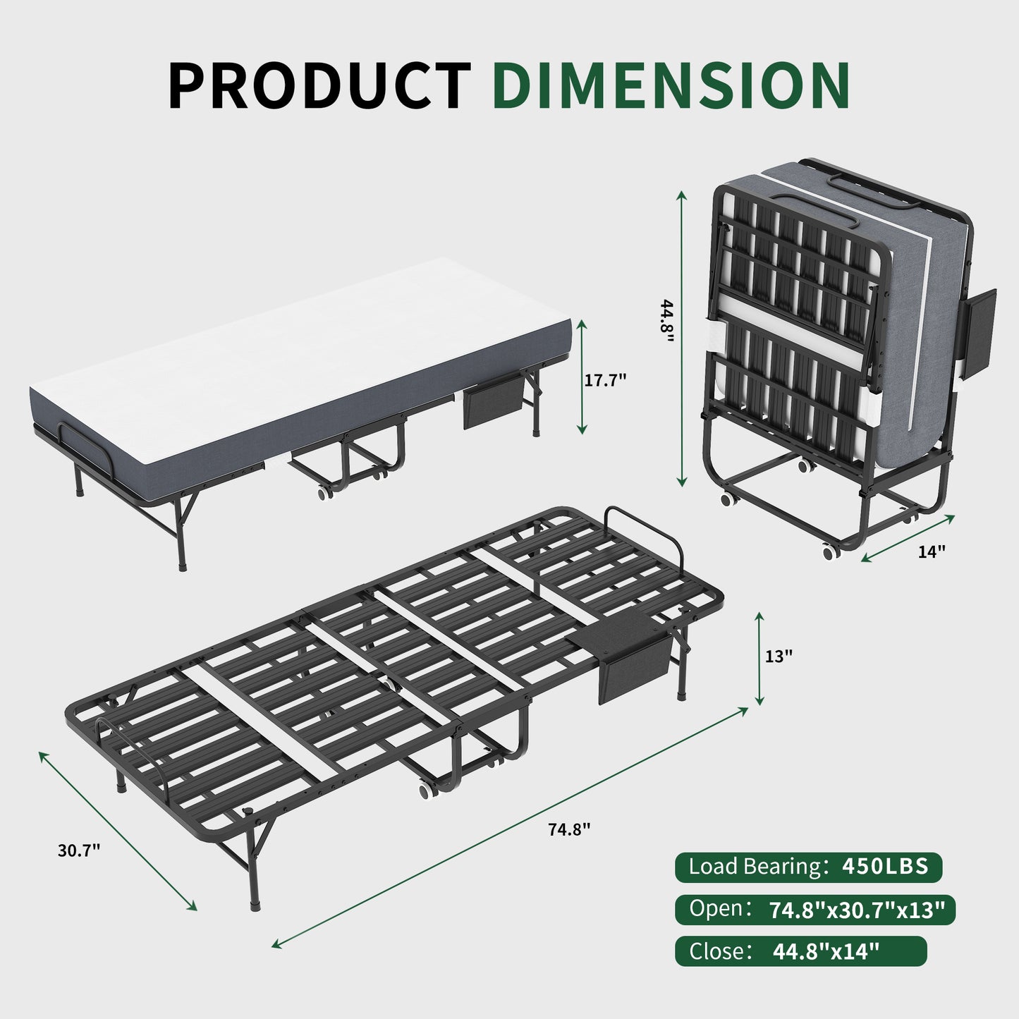 75 Inch Folding Bed With 5 Memory Foam Mattress, Space Saving
