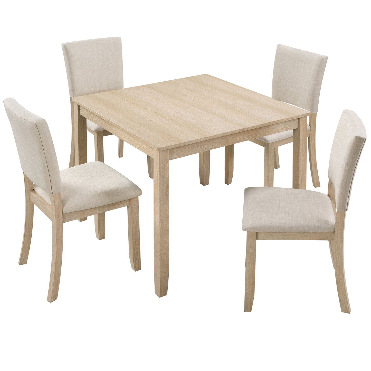 4-Person Wooden Dining Table Set with 4 Chairs - Light Oak & Beige