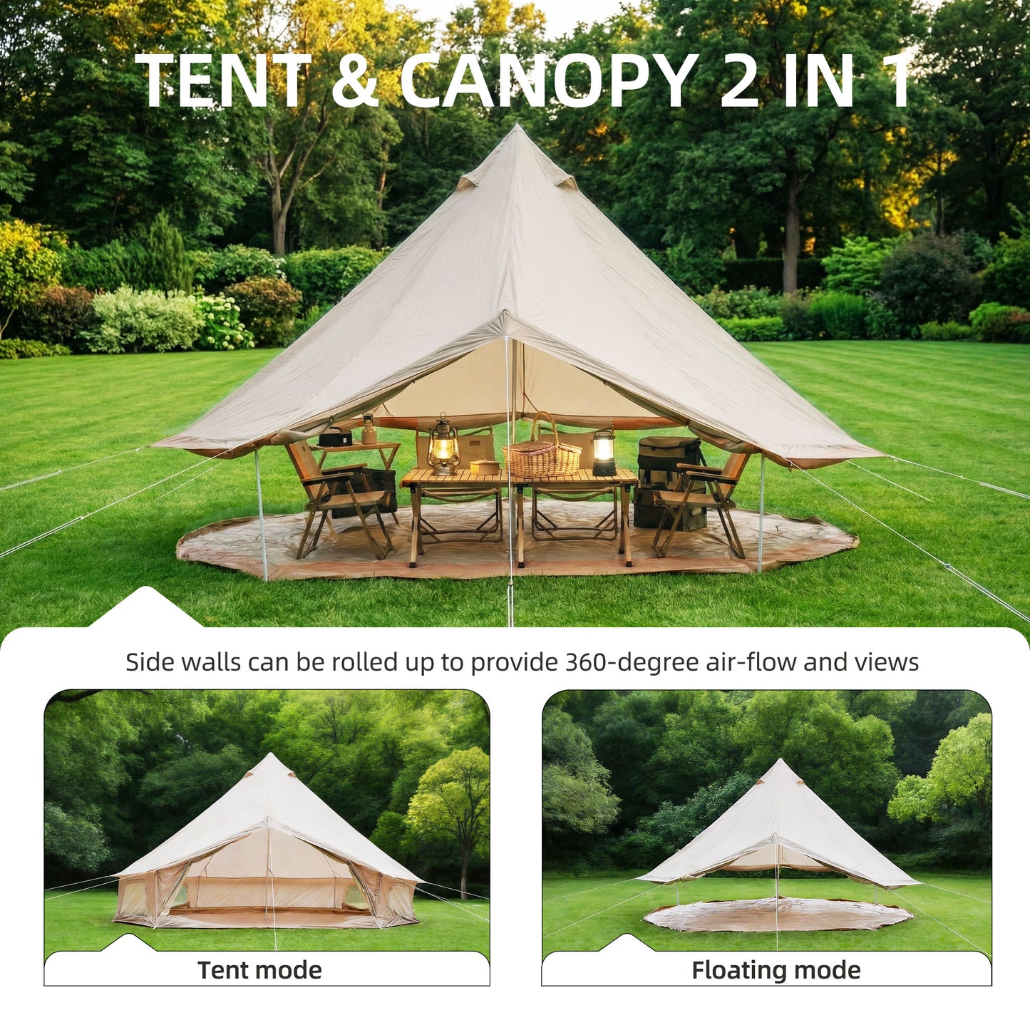 Beige 4-Season Bell Tent 13.1FT - Waterproof Family Camping Yurt