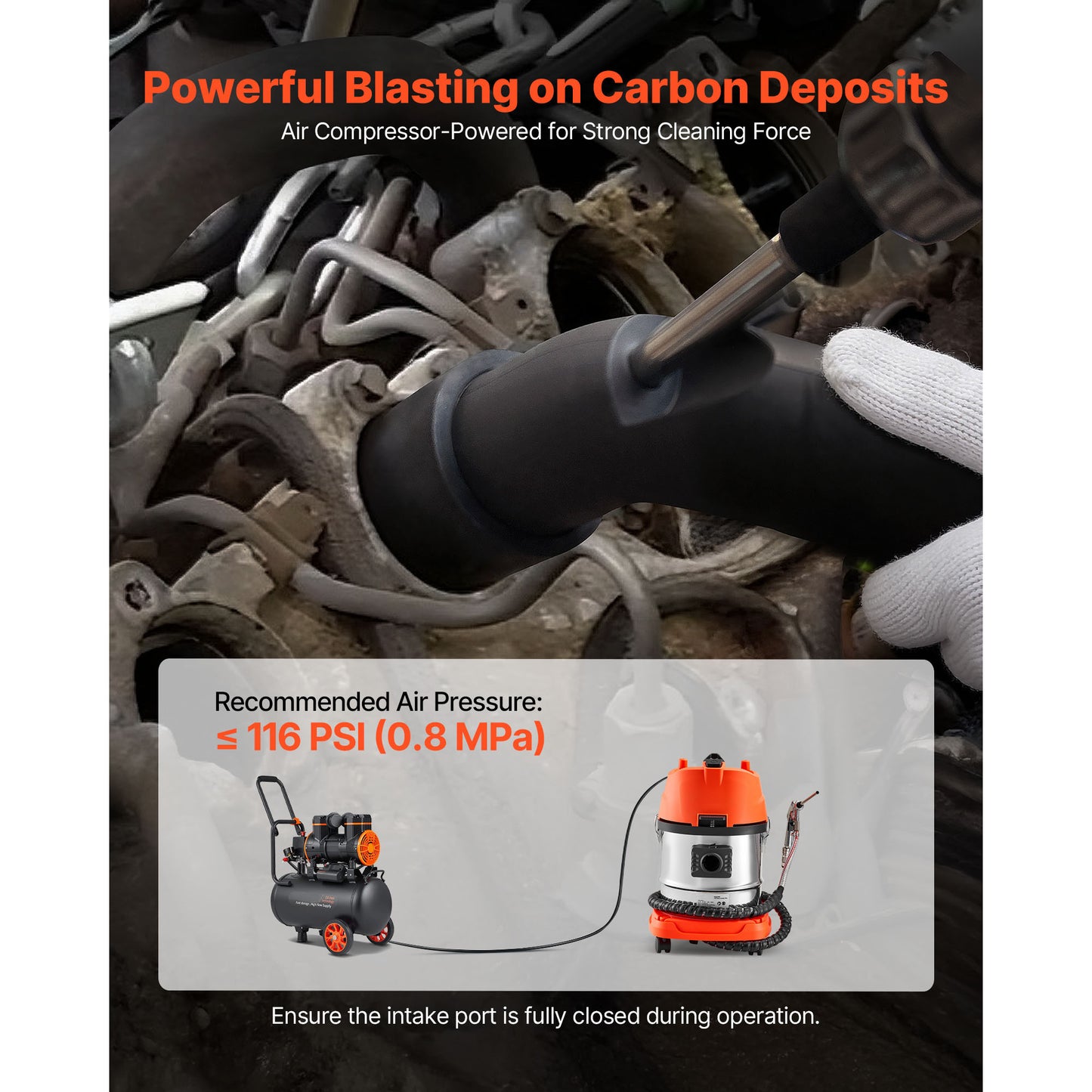 Walnut Blaster Kit for Carbon Cleaning - 1200W Sandblaster with Vacuum & Extension Nozzle
