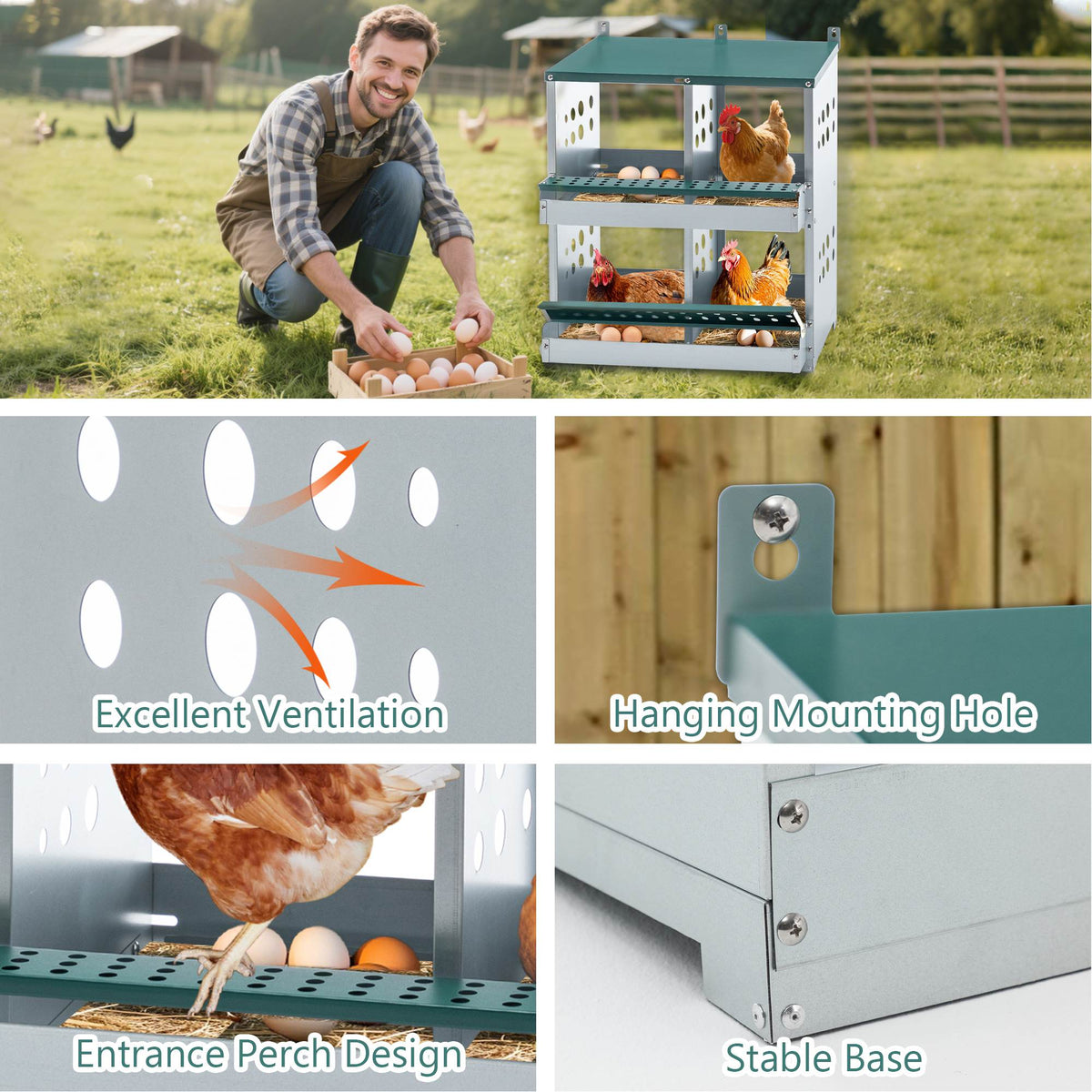 4-Compartment Galvanized Steel Chicken Nesting Box Wall Mount Egg Laying Coop with Green Finish