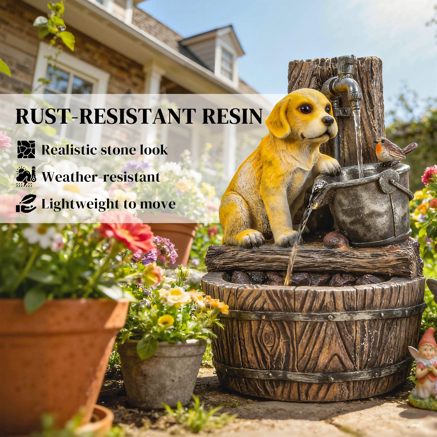 22-Inch Outdoor Fountain with Puppy Theme, Resin Garden Water Feature with LED Lights
