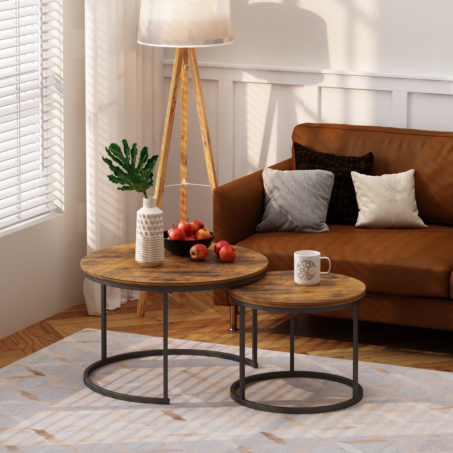Nesting Coffee Table Set of 2 - Round Wood & Metal, Rustic Brown