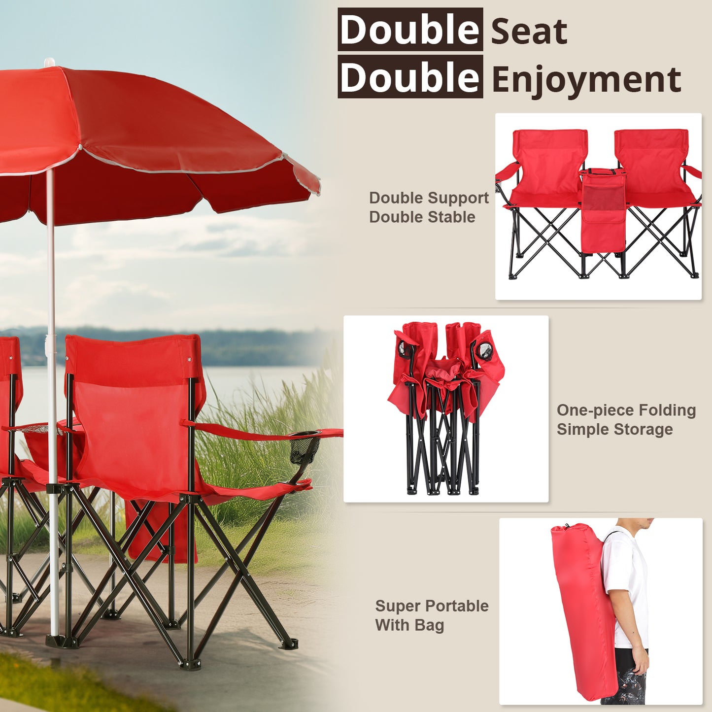 Folding Double Camping Chair with Removable Umbrella & Cup Holders - Red