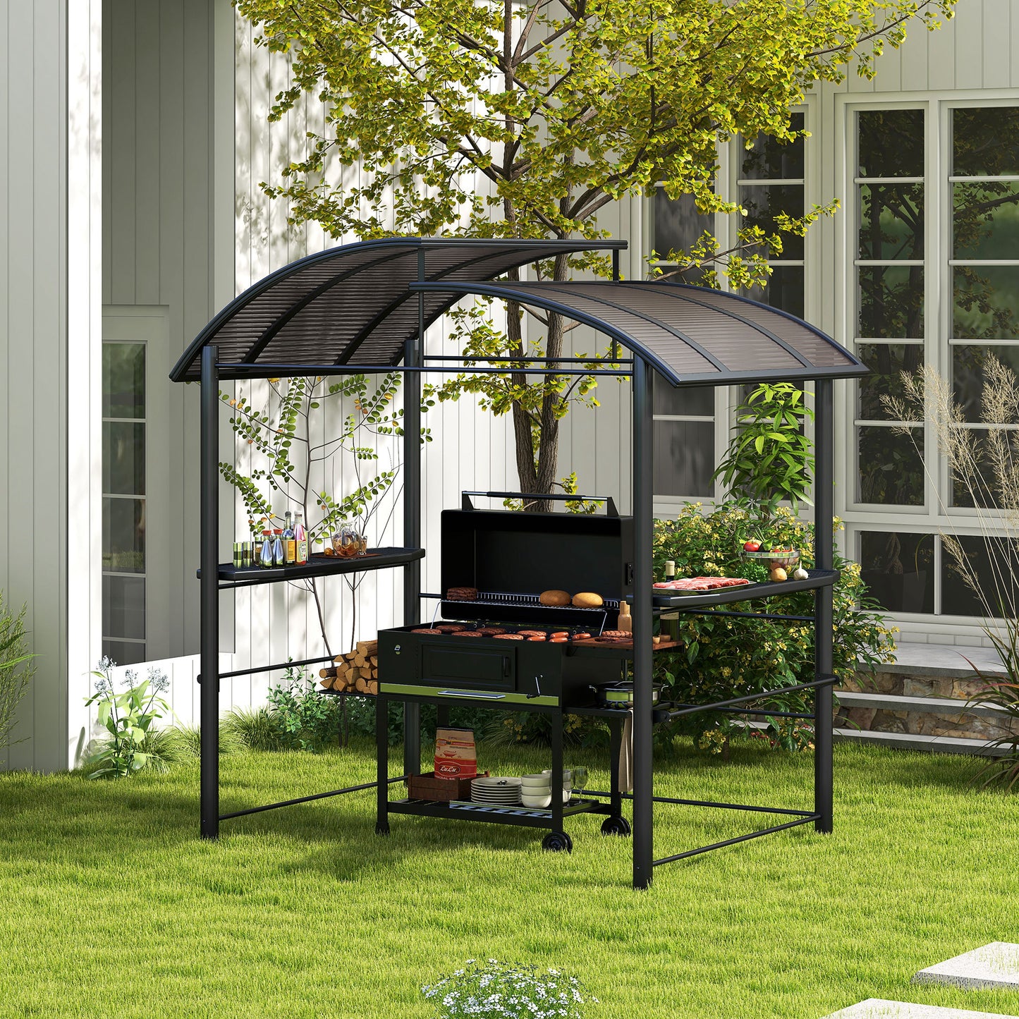 Outdoor Grill Canopy Gazebo with Vented Roof & Side Shelves