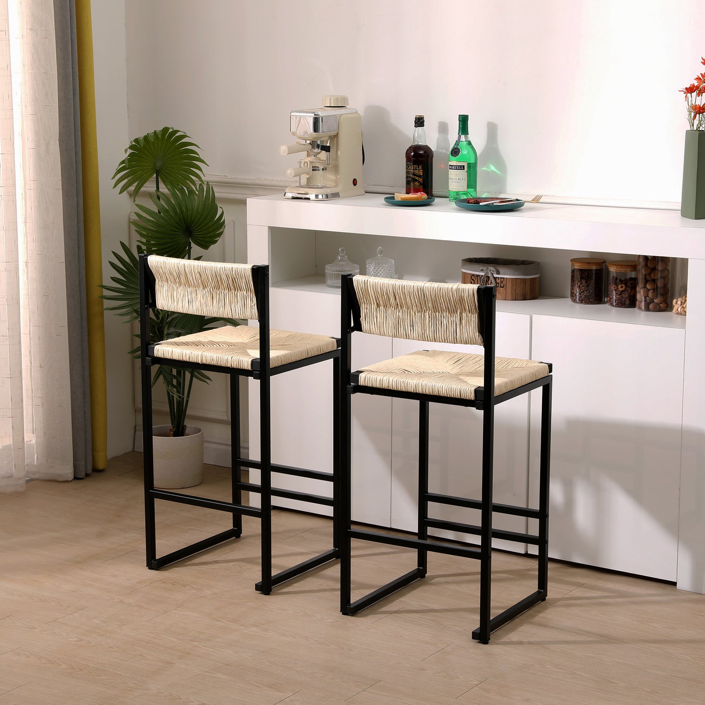 Creamy White Paper Rope Woven Bar Stools Set of 2