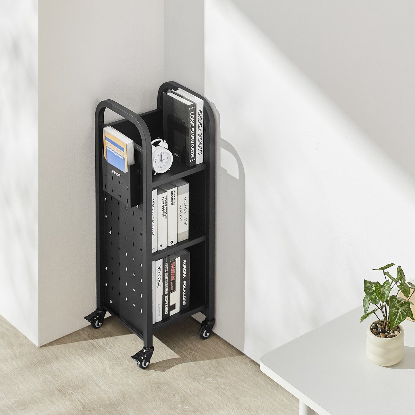 3-Tier Rolling Book Cart with L-Shaped Shelves - Black, Heavy Duty, Mobile Storage