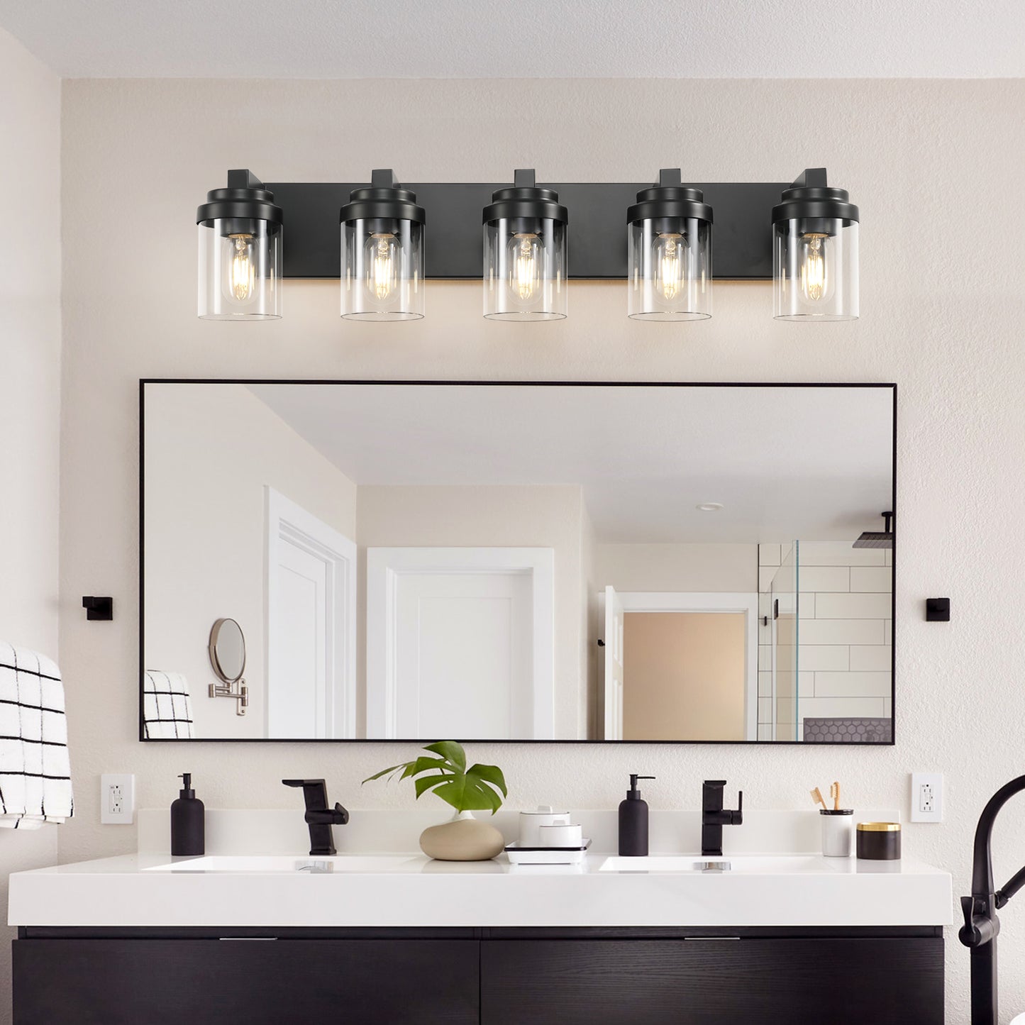 5-Light Bathroom Vanity Light Fixture - Matte Black with Glass Shades