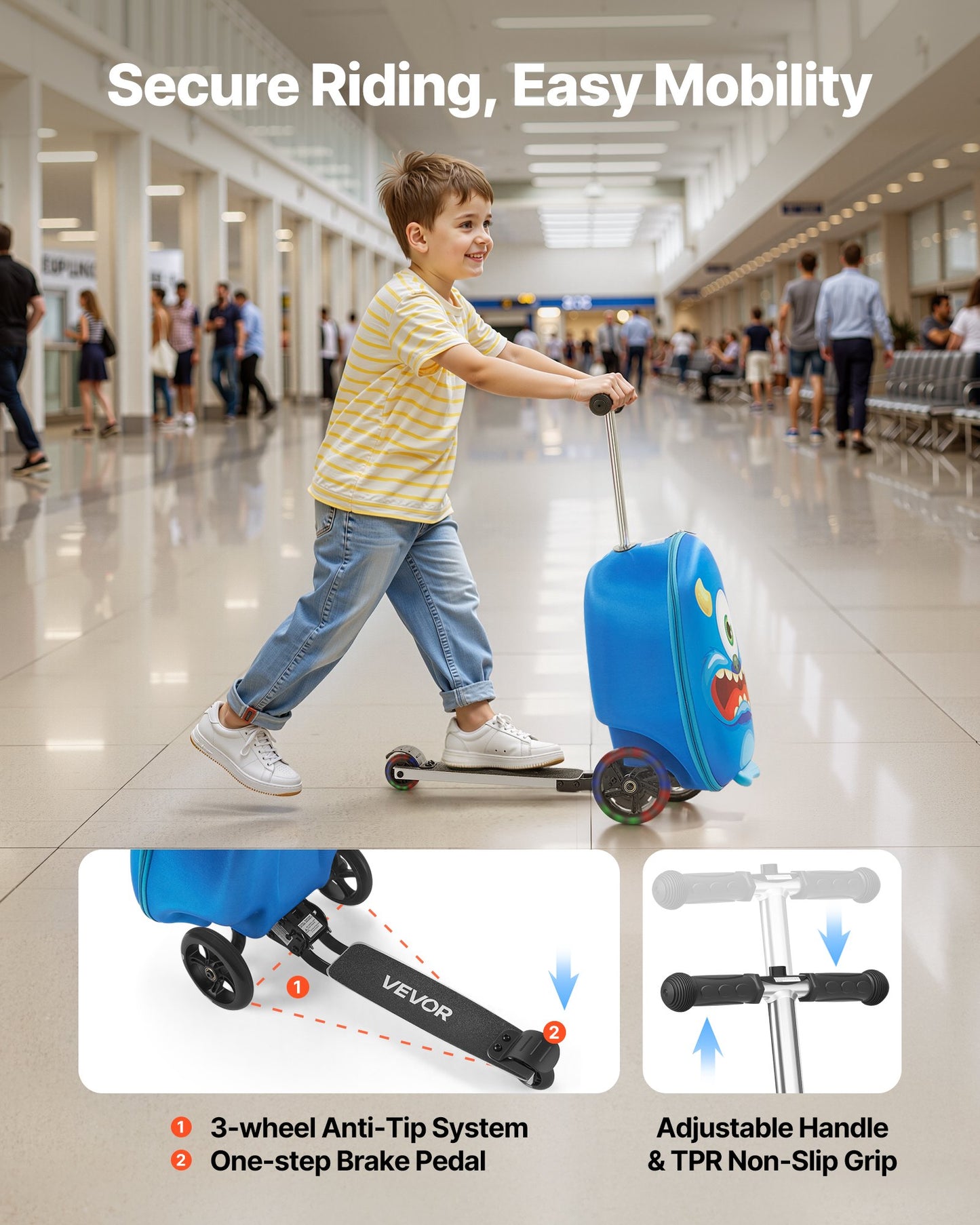 Kids Ride-On Luggage Scooter Suitcase 20-Inch Blue with Flash Wheels