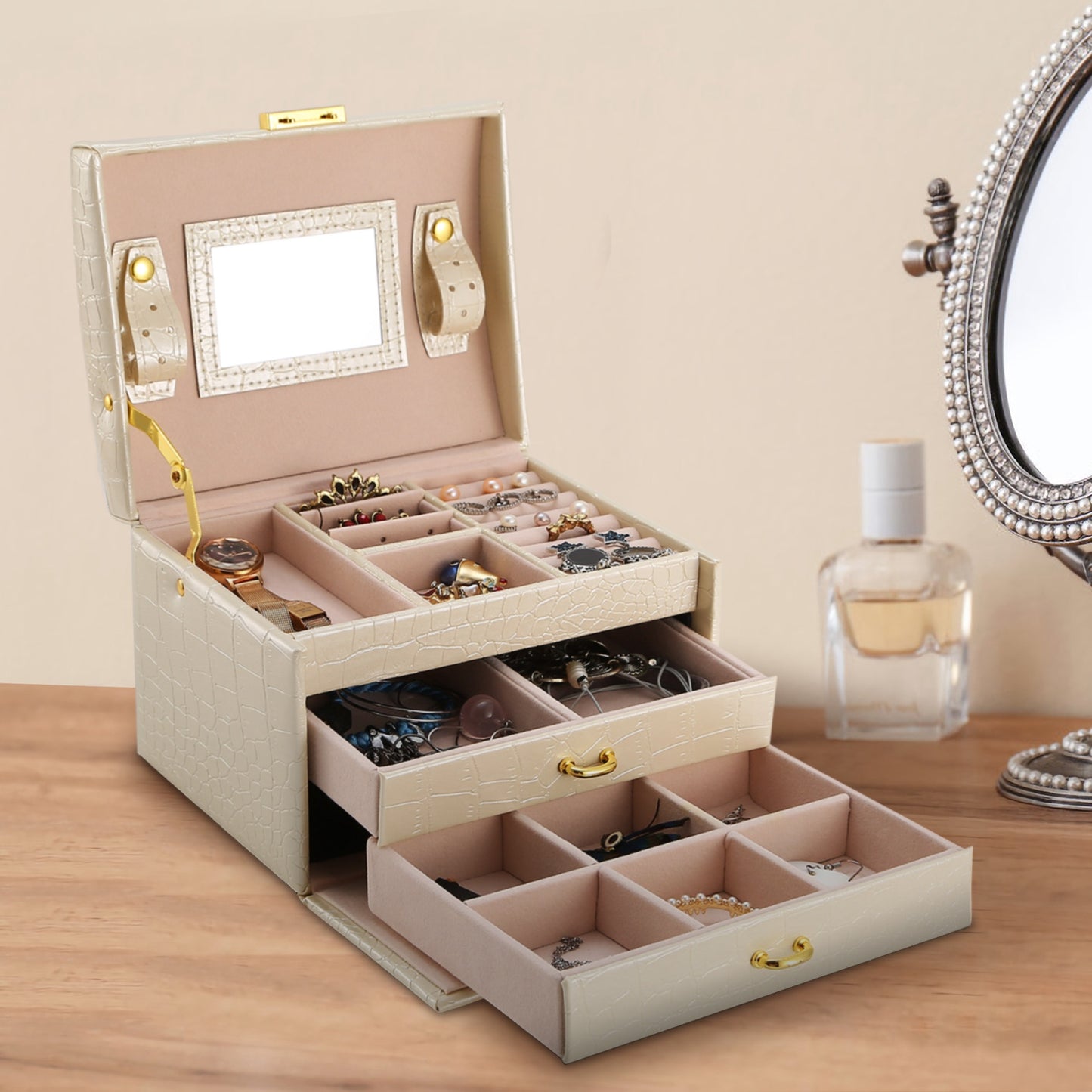 1Pc Jewelry Case Organizer 3-layer Lockable Travel Box PU Leather