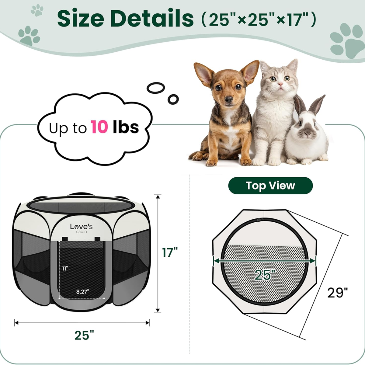 Portable Indoor Outdoor Dog Playpen with Zipper Top & Carrying Case - Grey, Small