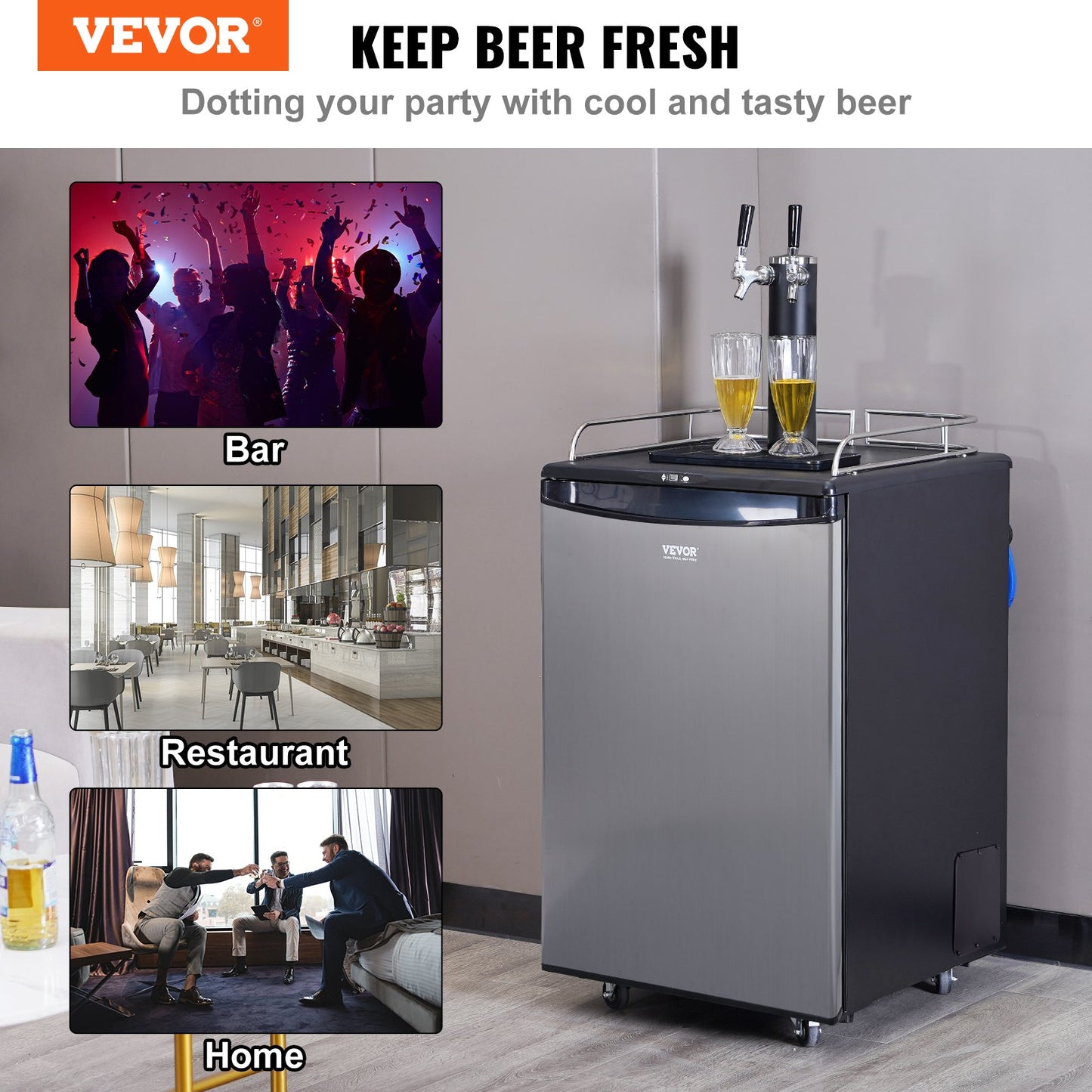 Silver Dual Tap Beer Kegerator Dispenser with Full-Size Keg Fridge, CO2 & Shelves