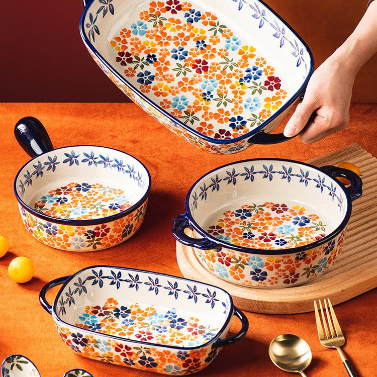 Ceramic Oven and Microwave Bowl with Handle - Porcelain Kitchen Servingware