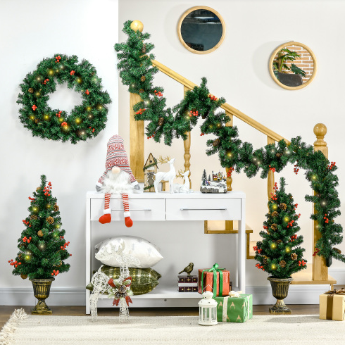 Prelit Christmas Decoration Set - Wreath, Garland & 2 Trees with LED Lights