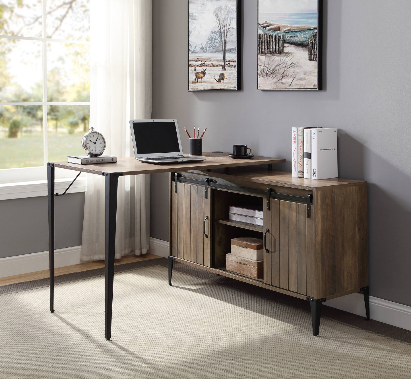 48" Gray Oak & Black Finish Writing Desk with Sliding Barn Door