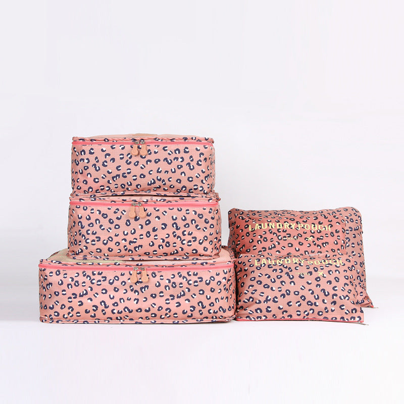 Travel Organizer Set of 6 Pink Leopard Print Storage Bags - Lightweight & Durable