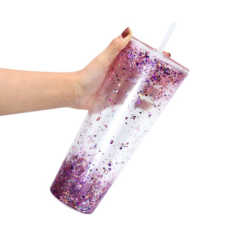Double-Layer 24oz Acrylic Plastic Cup with Flat Lid and Plug - Leakproof Drinkware
