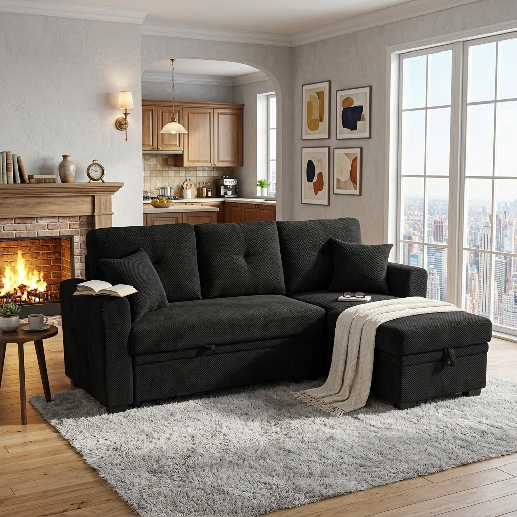 Sleeper Sofa Sectional with Pull-Out Bed & Reversible Chaise - Black