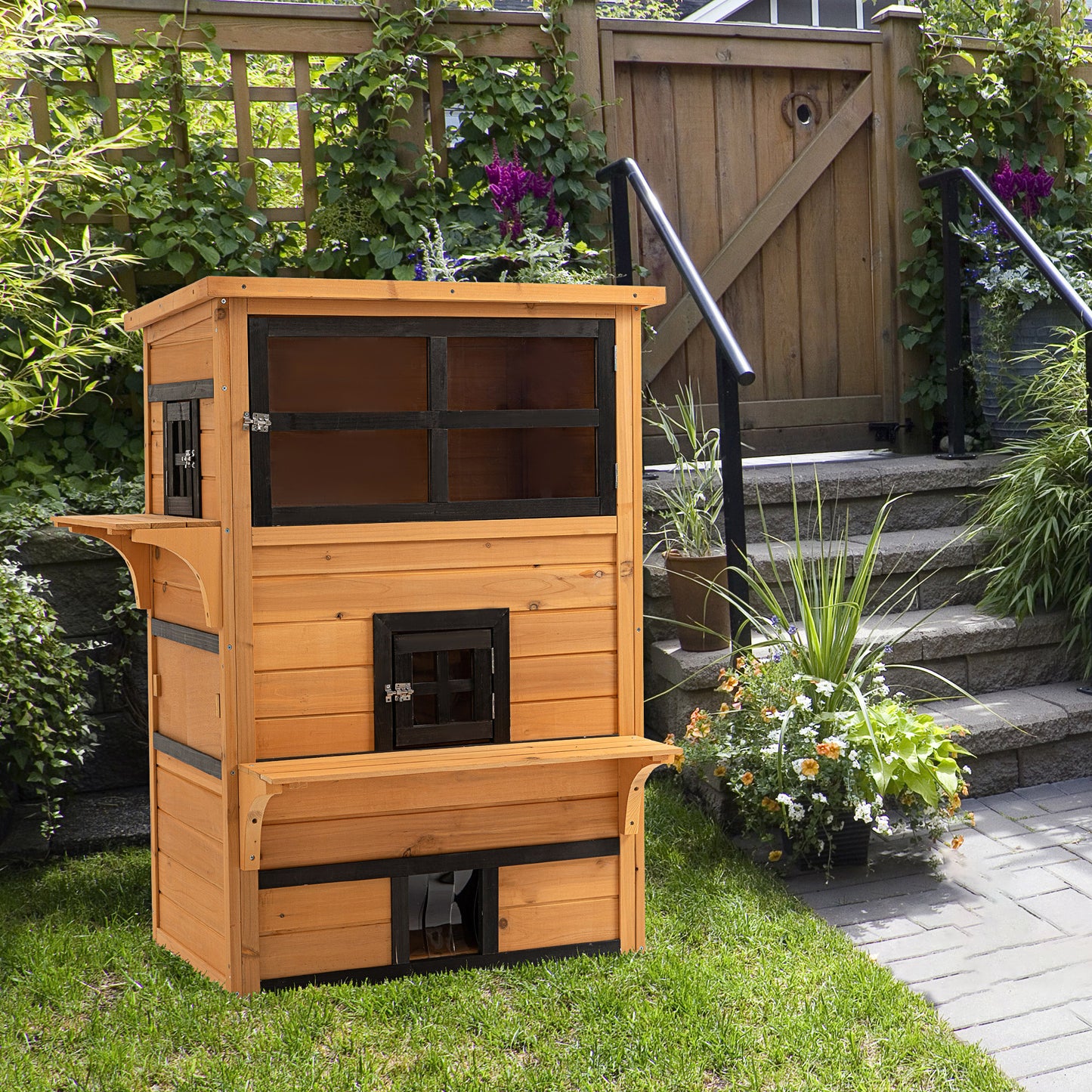 Outdoor Cat House 3-Tier Shelter with 5 Escape Doors Weatherproof Yellow Black