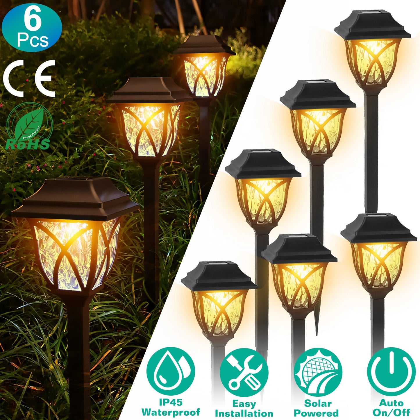 6 Pack Solar Powered Outdoor Pathway Lights Waterproof Landscape Garden Lamps