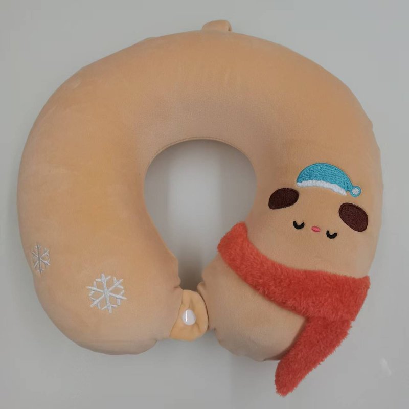 Cute Bear Travel Neck Pillow with Red Scarf & Sleep Cap - Memory Foam U-Shaped Cushion