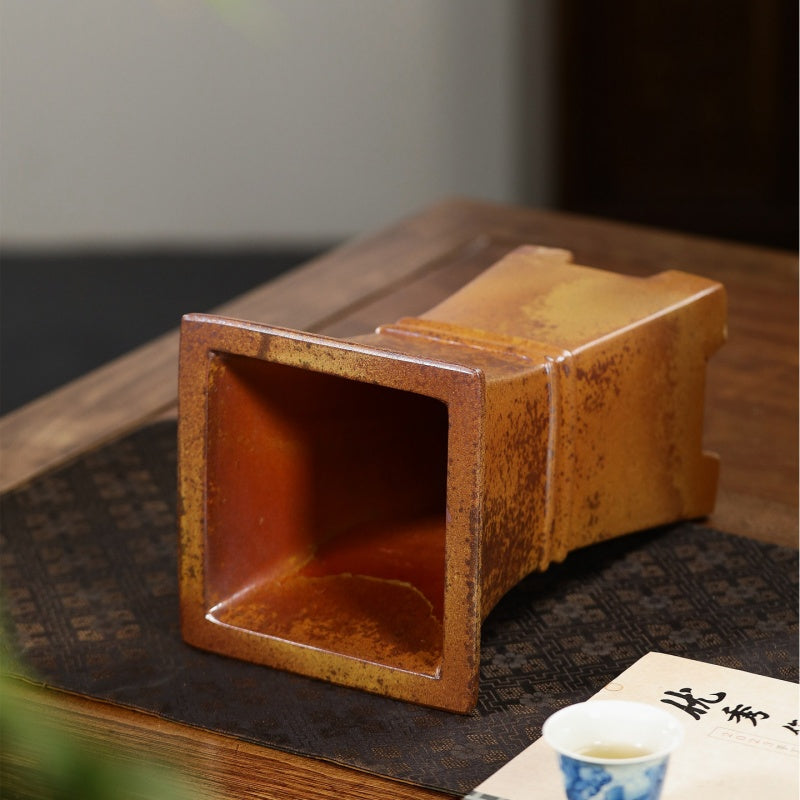 Wood-Fired Square Clay Orchid Pot with Waist Girdle - Home Garden Decor