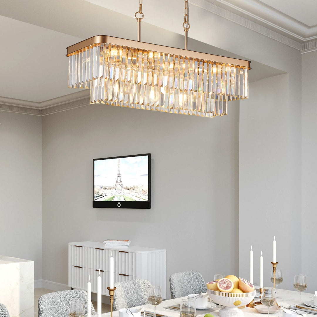 Modern Crystal Chandelier - Adjustable Rectangular Design, Gold