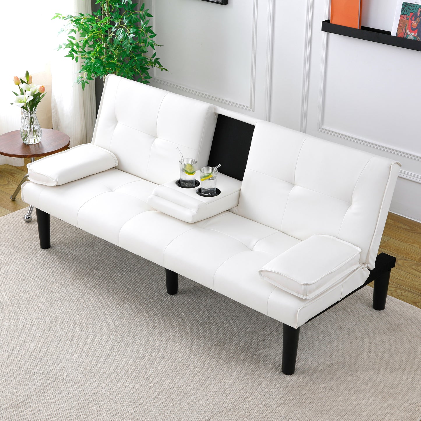 67-Inch White PVC Sofa Bed with Foldable Design & Cup Holder