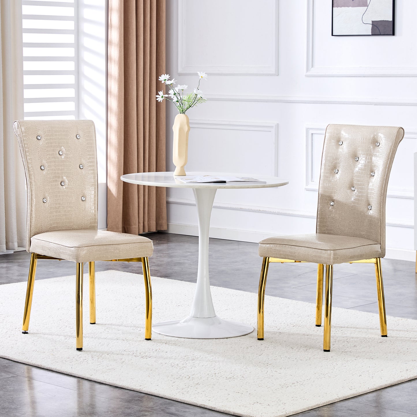 Set of 2 Beige and Gold Vintage Crocodile Leather Dining Chairs