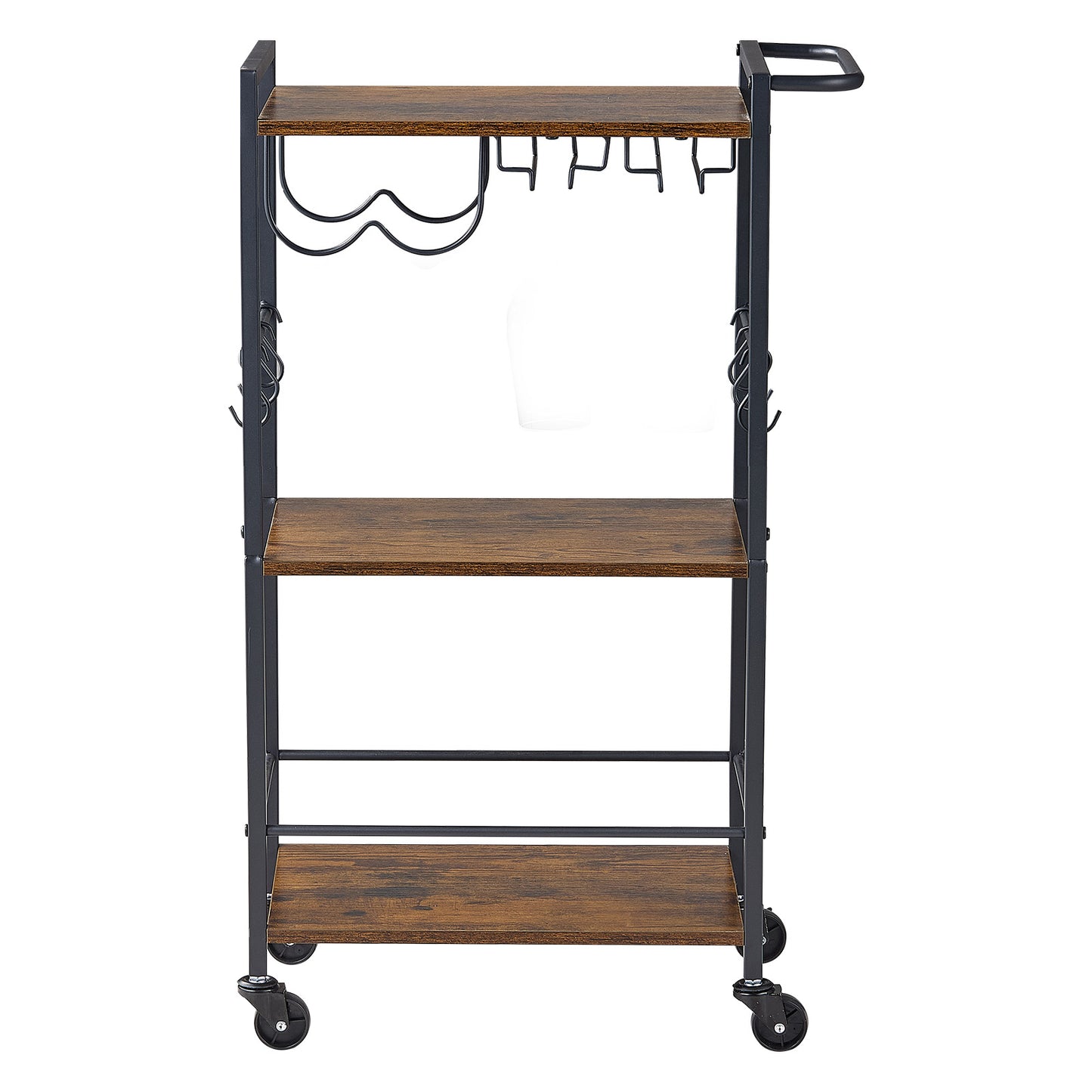 Bar Cart 3-Tier Serving Cart with Wine Rack & Glass Holder - Rustic Brown & Black