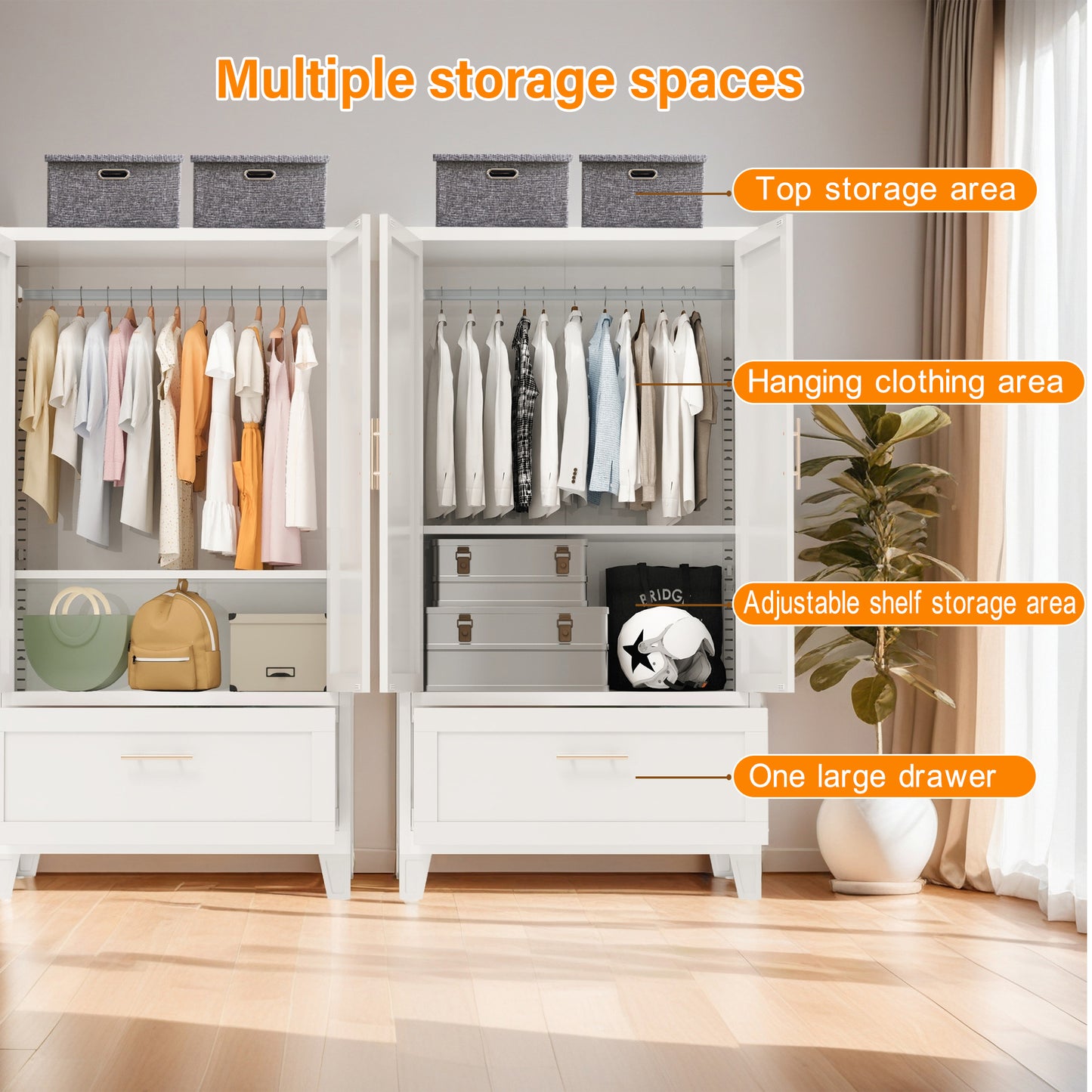 60-Inch Tall Metal Wardrobe Cabinet with Drawer & Shelf - White