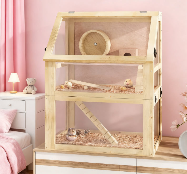 3-Tier Wooden Hamster Cage with Detachable Bottom - Natural Wood