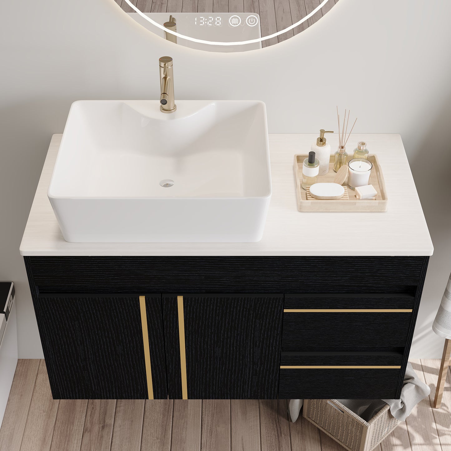 36" Wall-Mounted Bathroom Vanity with Vessel Sink & Plywood Countertop - Soft-Close Drawers & Floating Design
