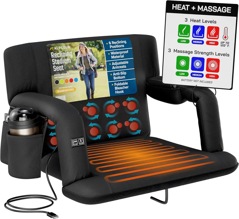 Heated Massage Reclining Stadium Seat with Back Support - Black