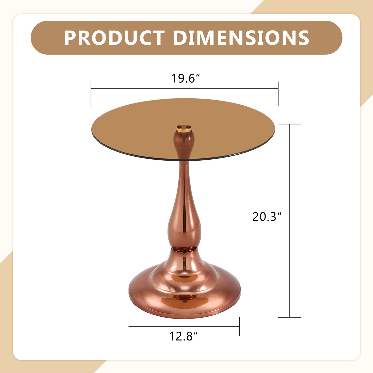 Modern Rose Gold Metal Side Table with Glass Top - 19.6 Inch