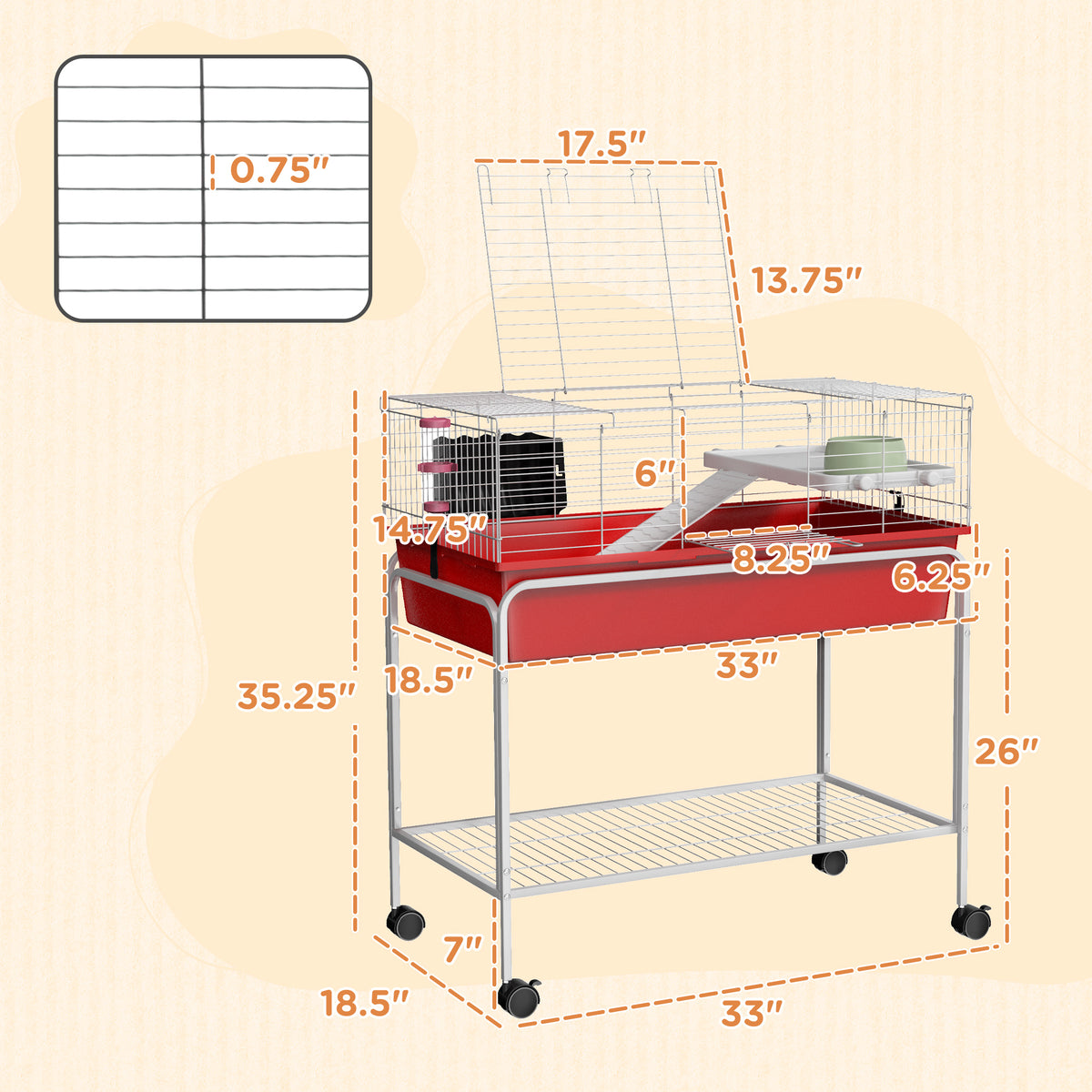Small Animal Cage with Removable Stand, Wheels & Shelf - 33x18.5x35 Inches, Red