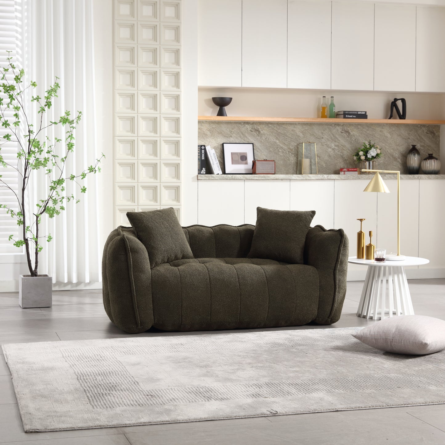 Olive Green Soft Beanbag Chair for Two - Chenille Foam Recliner