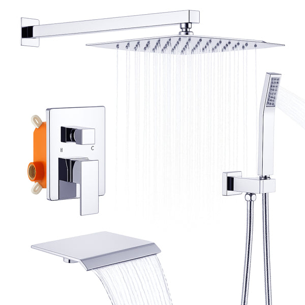 Rain Shower System Chrome 10 Inch Square Rainfall Shower Head with Handheld Sprayer & Tub Spout