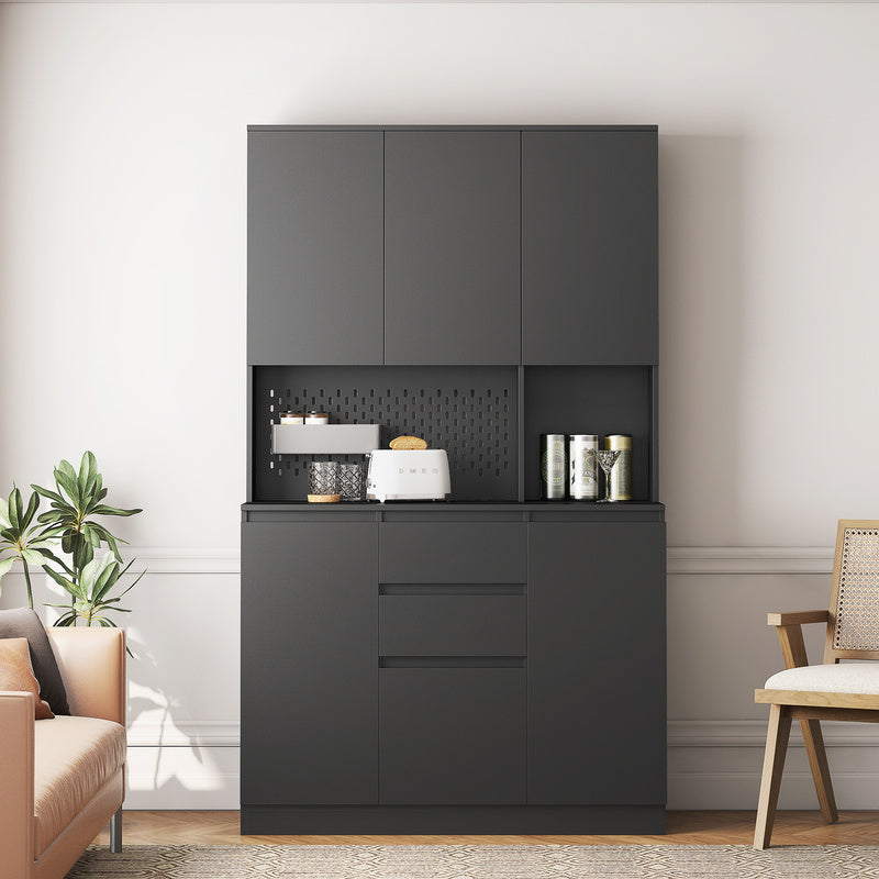 74-Inch White Pantry Cabinet with Power Outlet & Storage Shelf