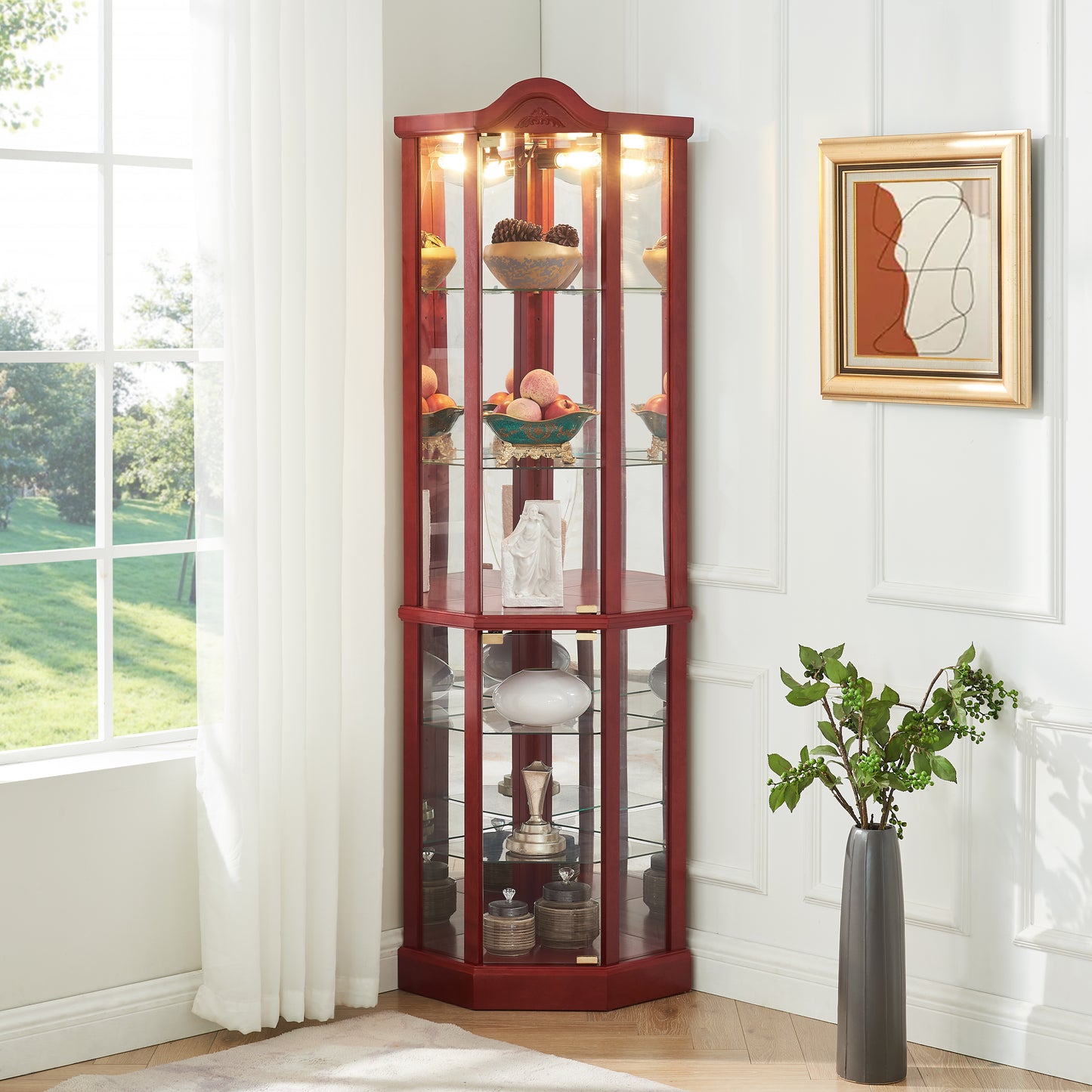 Glass Cabinet Lighted Corner Display Curio Cabinet, With Light