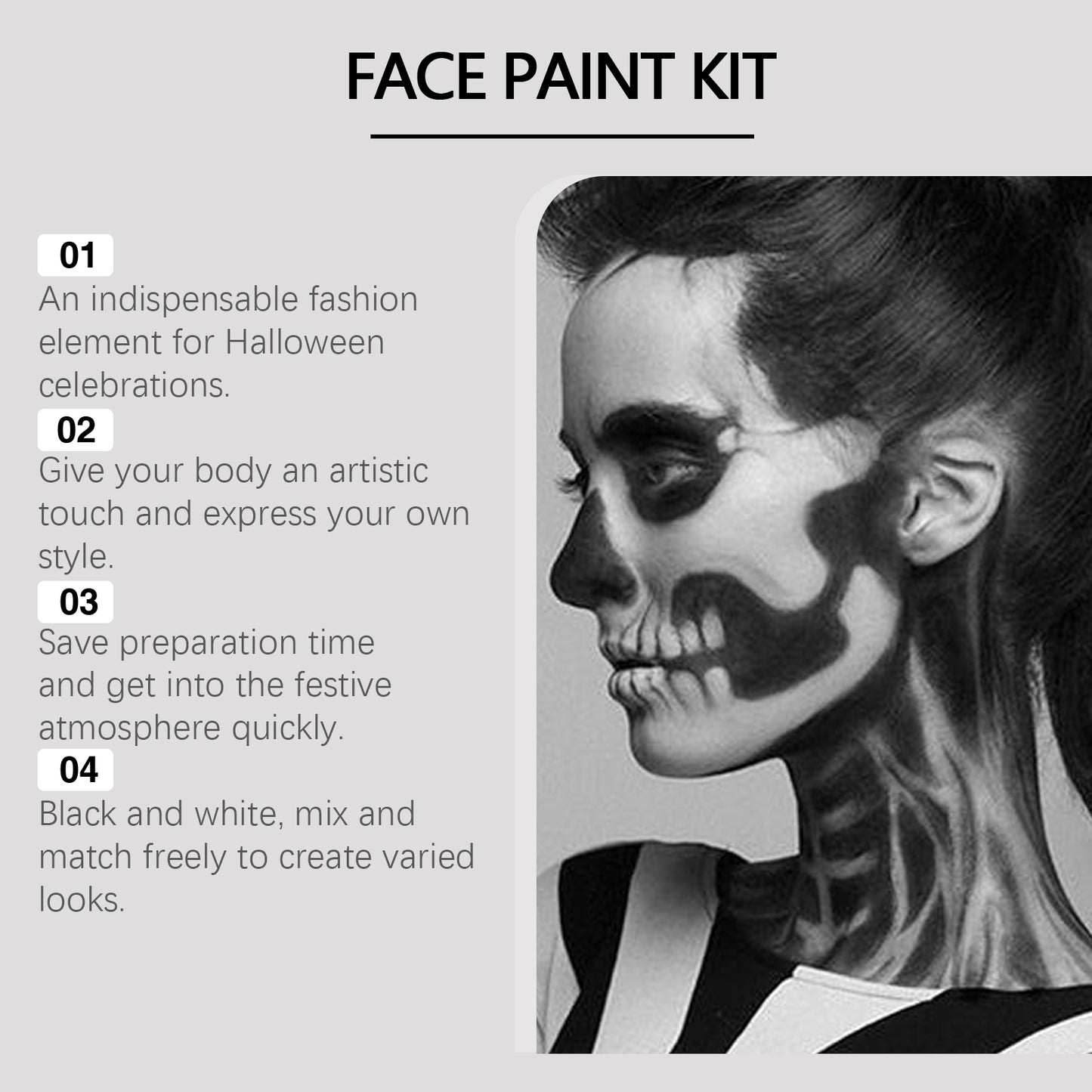 Black and White Face Paint Kit for Halloween Skeleton Cosplay Makeup
