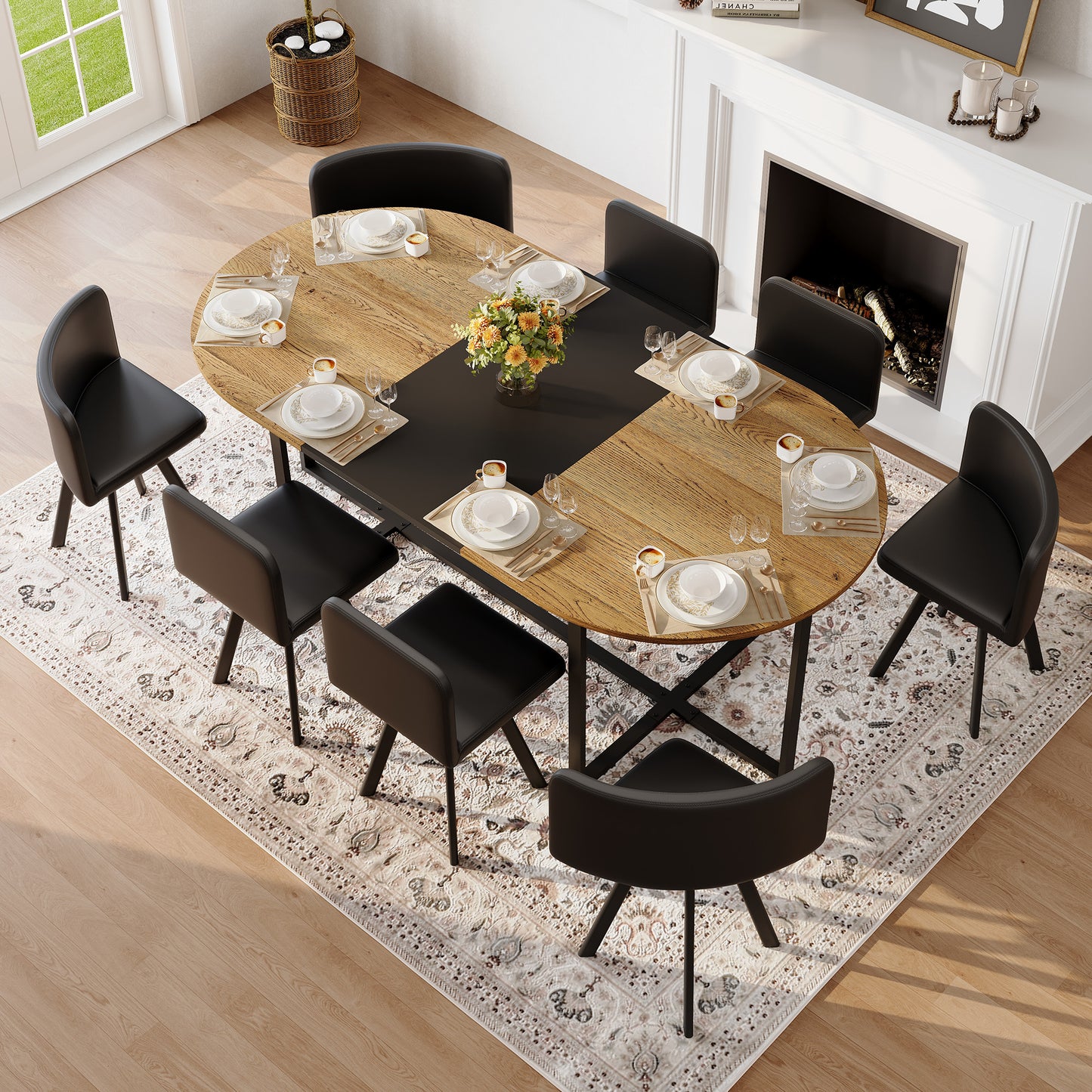 9-Piece Oval Dining Table Set, Fixed Two-Tone Wood Grain & Black