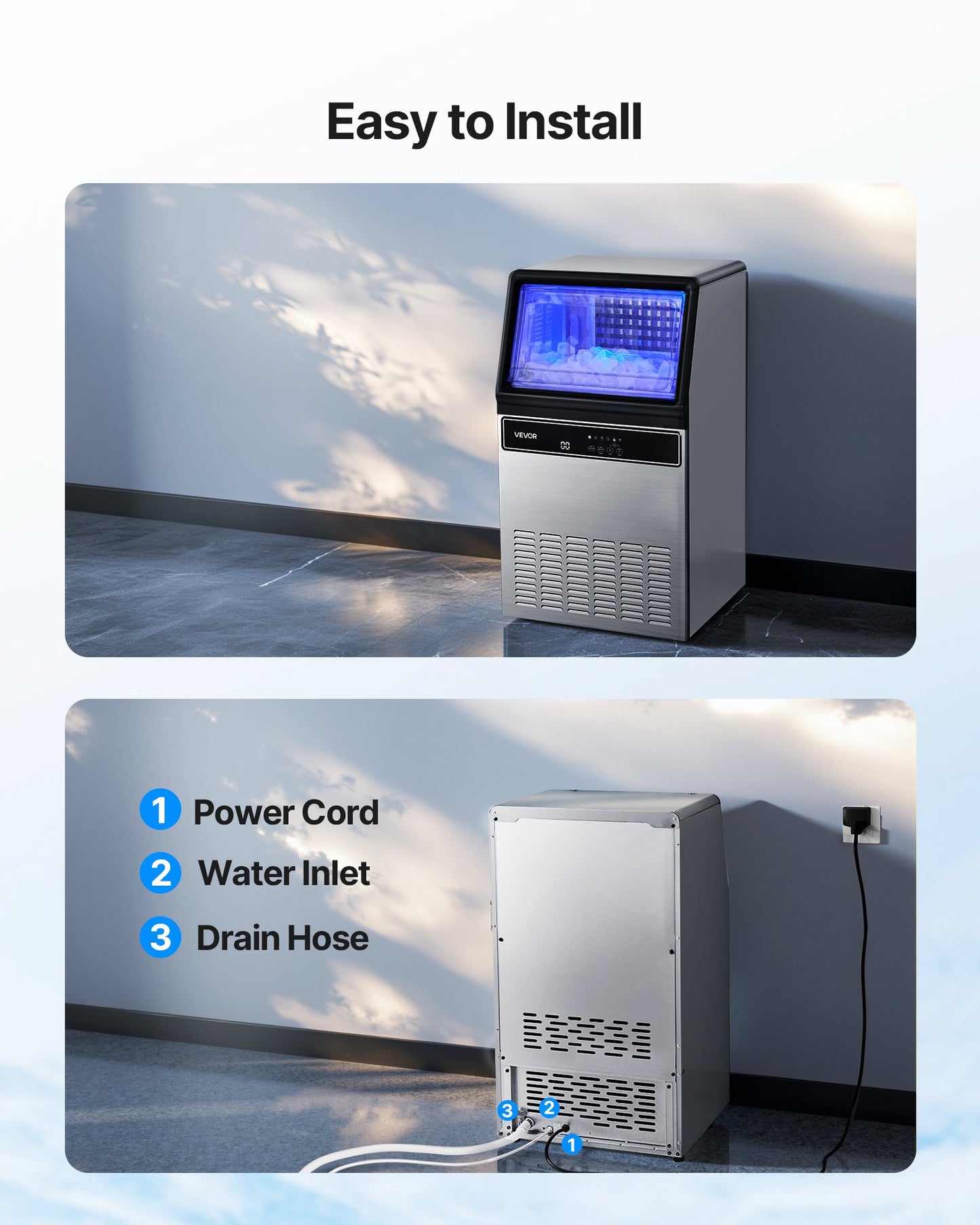 Commercial Ice Maker Machine with Pump, 130Lbs/24H, 33Lbs Storage, LED Display, Self-Cleaning, for Home Bar & Restaurant