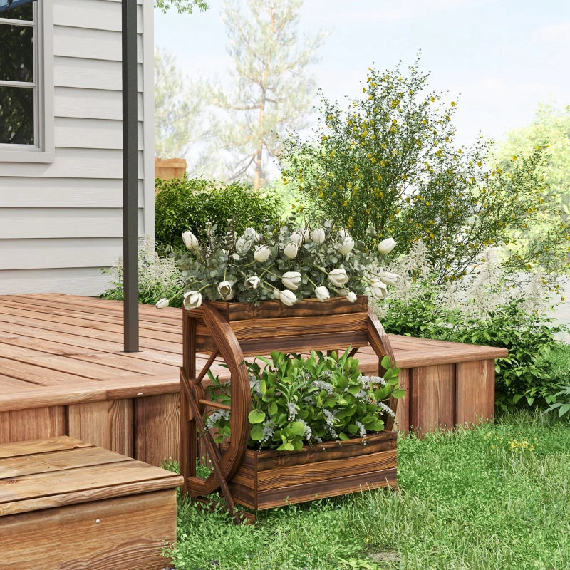 Wooden Wagon Planter Box 2-Tier Raised Garden Bed for Vegetables Flowers Herbs