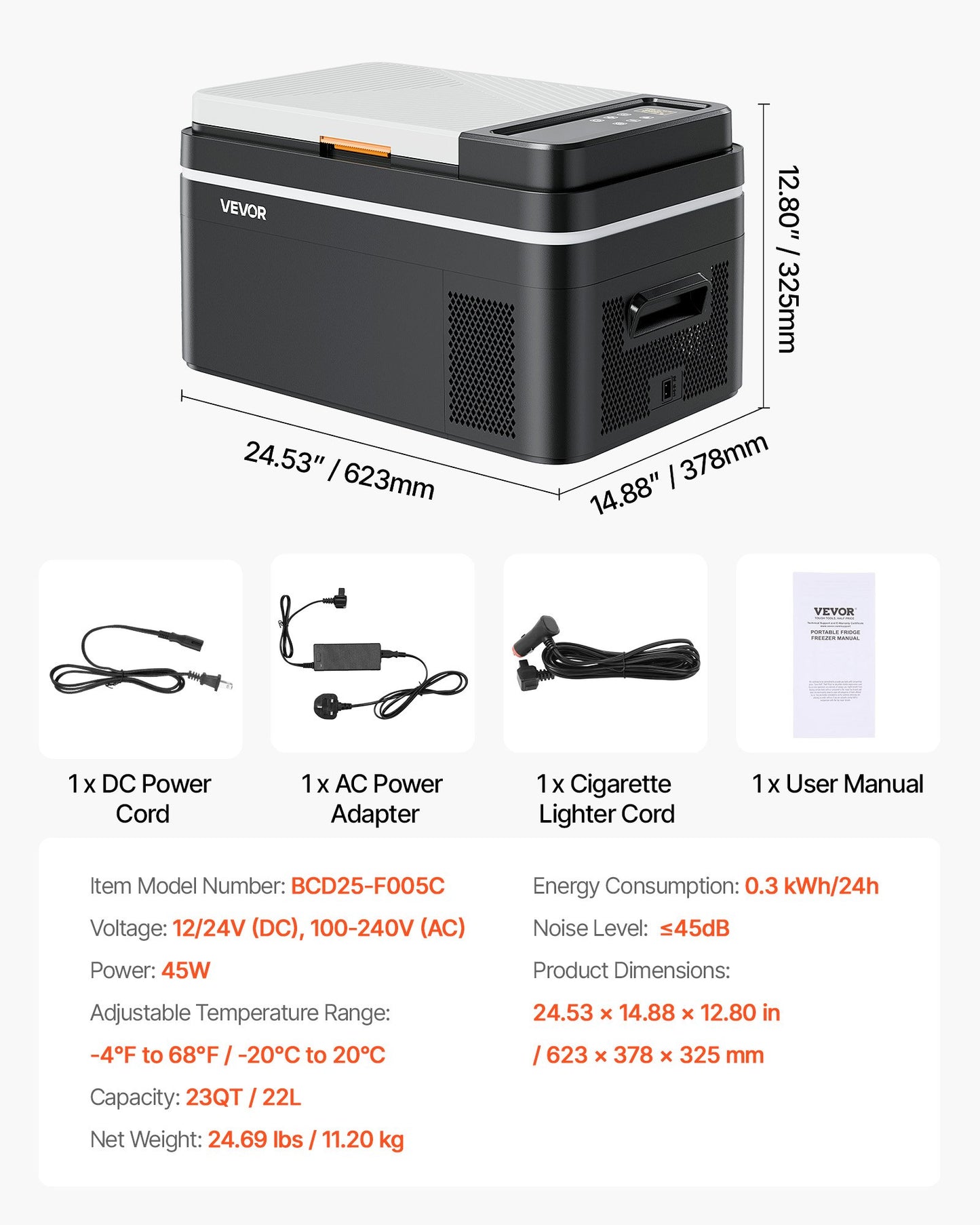 Portable Car Refrigerator Cooler - 23 Qt Electric Cooler with App Control, 12/24V & 100-240V, Black