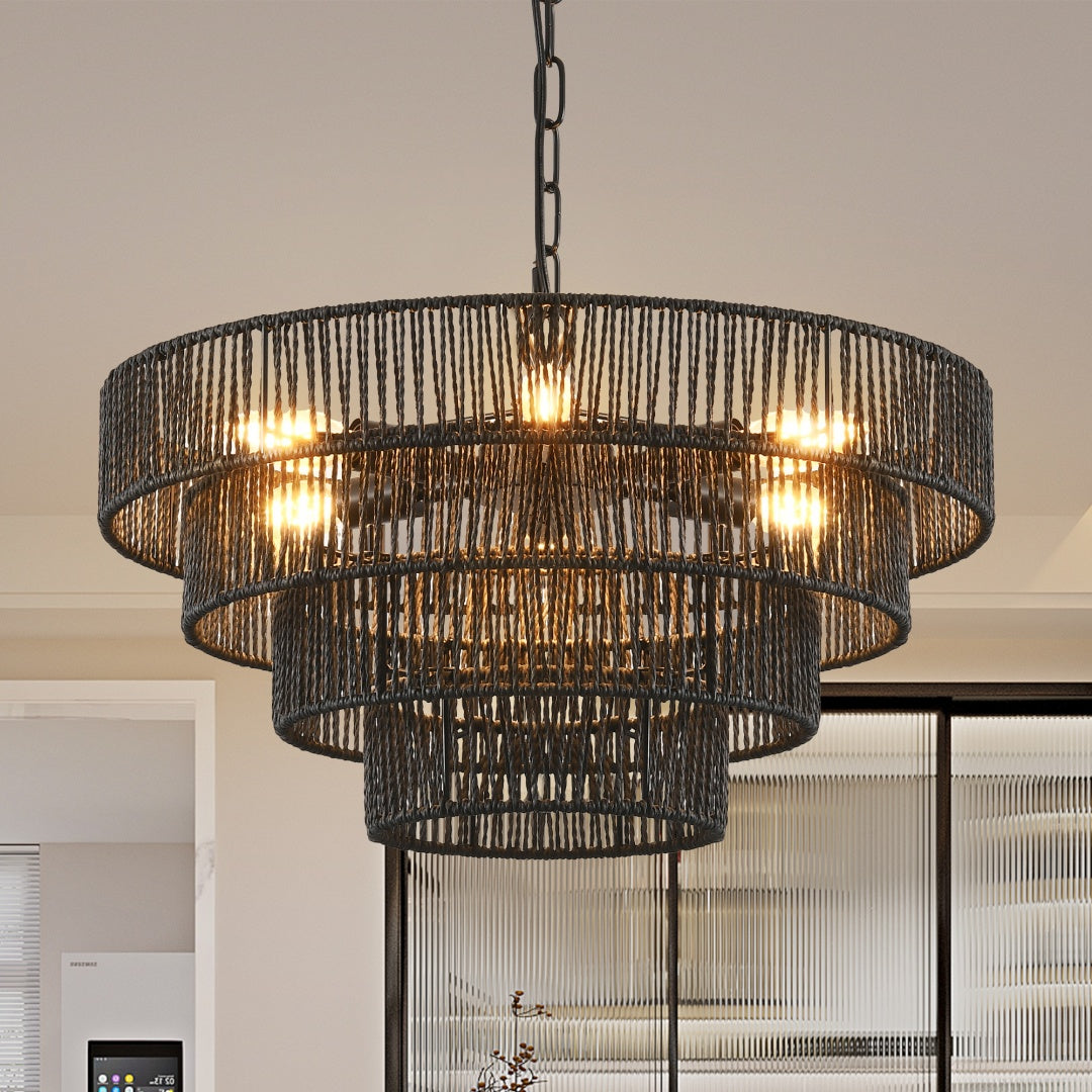 Rustic 4-Tier Hemp Rope Pendant Light Fixture with 6 E12 Sockets
