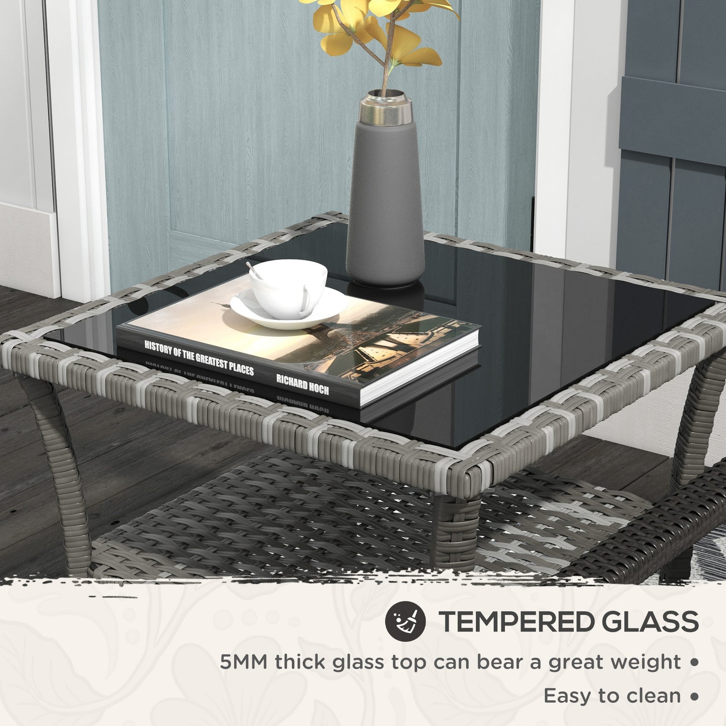 Outdoor Rattan Coffee Table with Storage Shelf - Mixed Gray