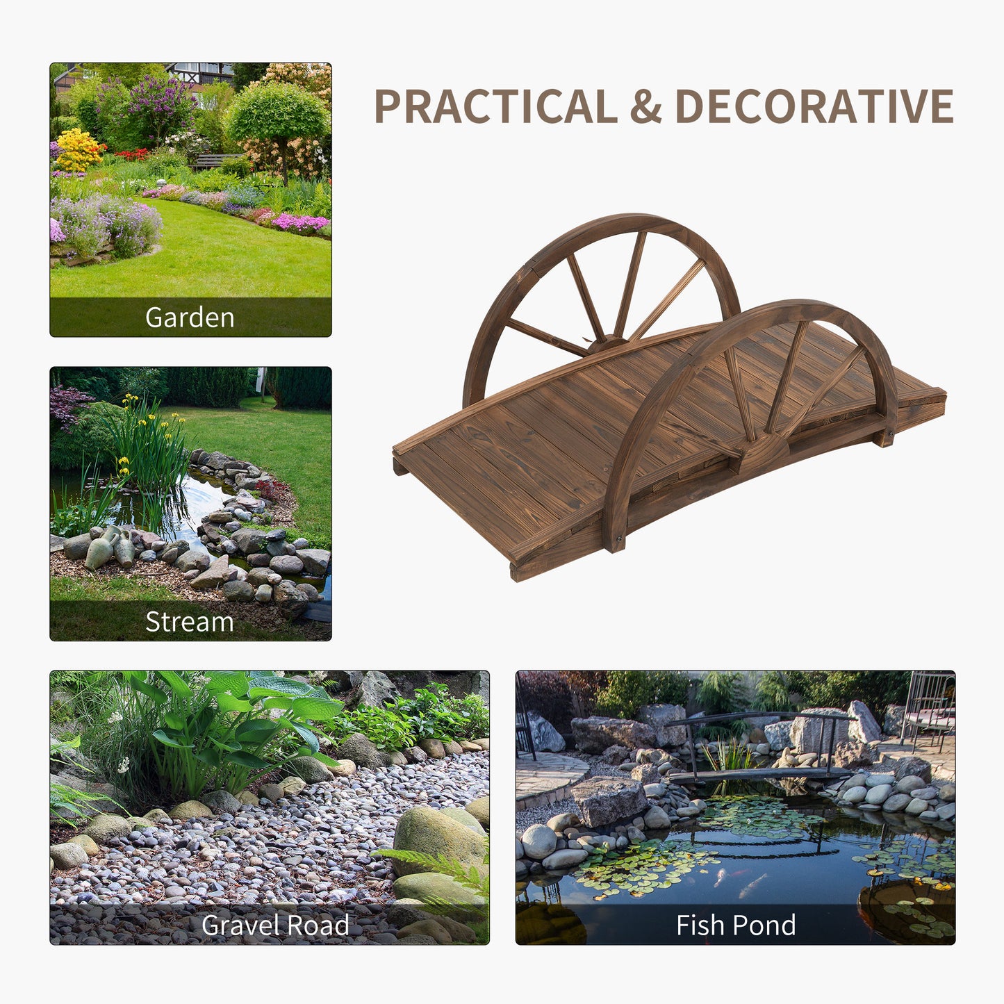 3.3ft Wooden Garden Footbridge with Half-Wheel Railings - Solid Fir Construction